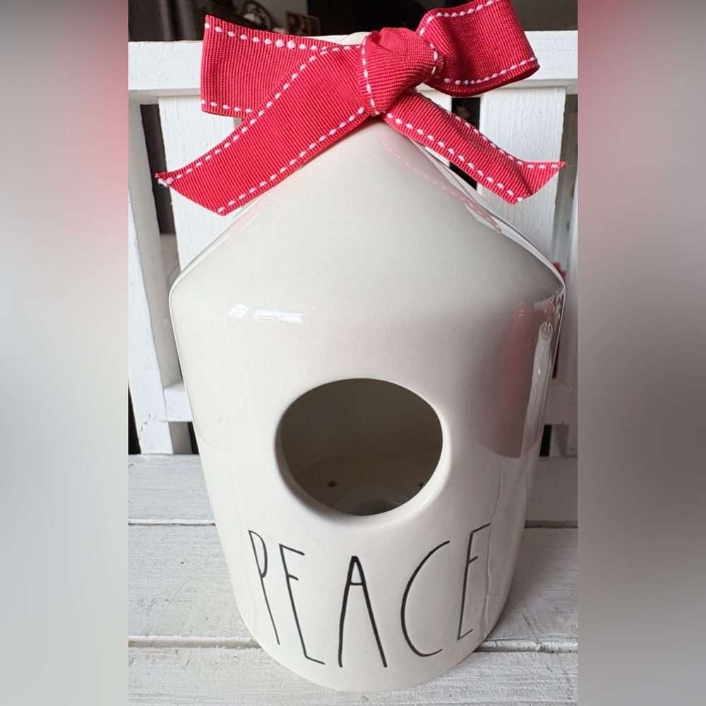 Rae Dunn 2018 PEACE Ceramic Birdhouse with Red Ribbon